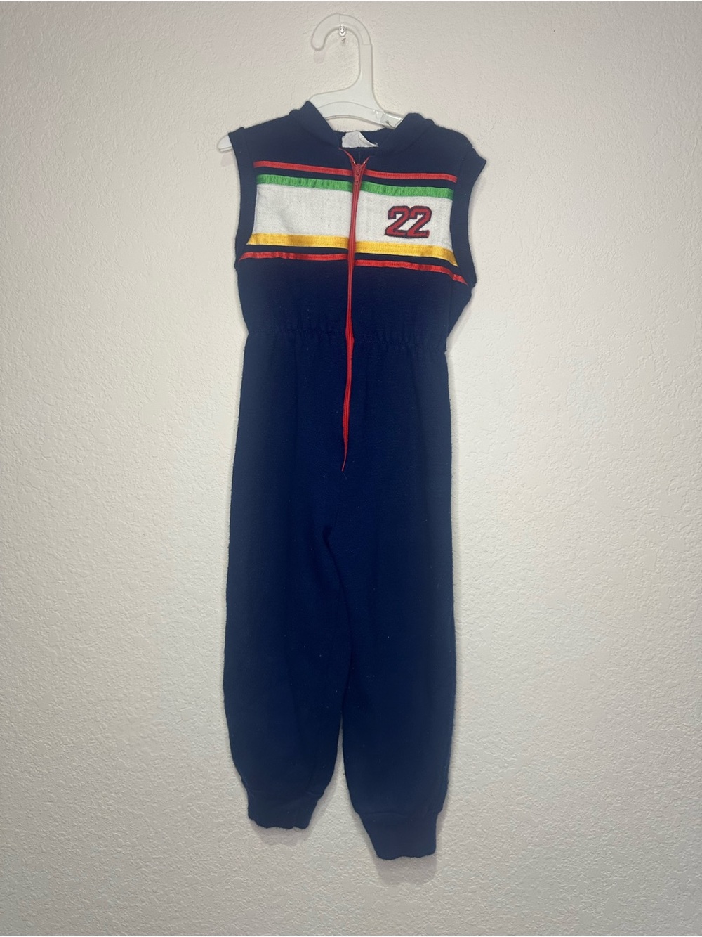 Vintage Navy Zip Up Sleeveless Jumpsuit with Multicolor Stripe & 22 Patch